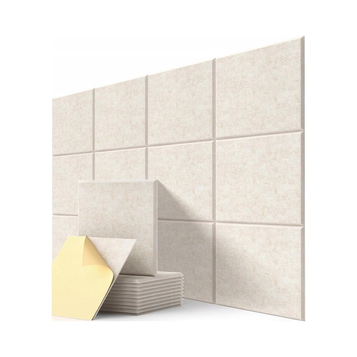 Hangszigetelő akusztikus panelek, 12 darabos készlet, 30x30x0,9cm, bézs, öntapadós