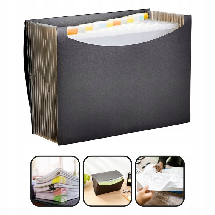Organizator documente extensibil, negru, 13 buzunare, capacitate 900 foi