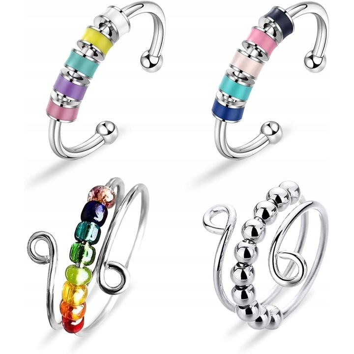 Set 4 inele antistres rotative cu perle, argintii, dimensiune ajustabila