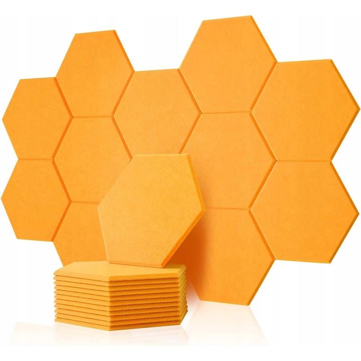 Panouri acustice galbene hexagonale 30x26x1 cm, set, material ecologic, rezistente la foc, absorbtie sunet.