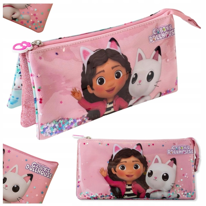 Koci Domek Gabi iskolai tolltartó, csillogó hatású, rózsaszín, 3 rekeszes