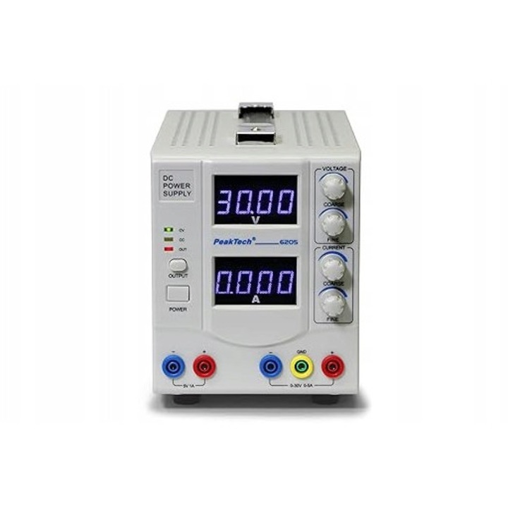 Лабораторен захранващ блок P 6205, PeakTech, 0-30V, 0-5A, LED, пълен комплект