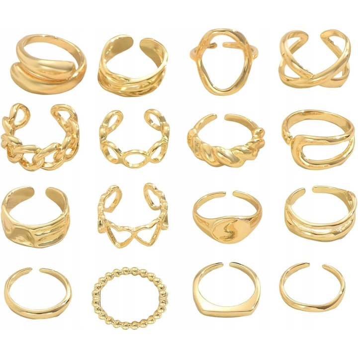 Set 16 inele aurii pentru femei, minimalistice, reglabile, diverse modele, dimensiune 6-9