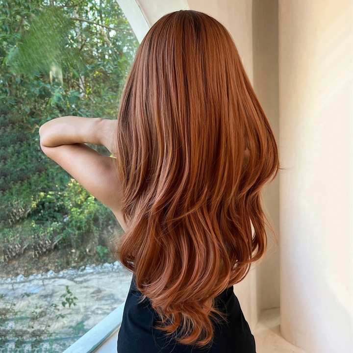 Peruca sintetica lunga, ruda, 70cm, cu breton, set ajustabil