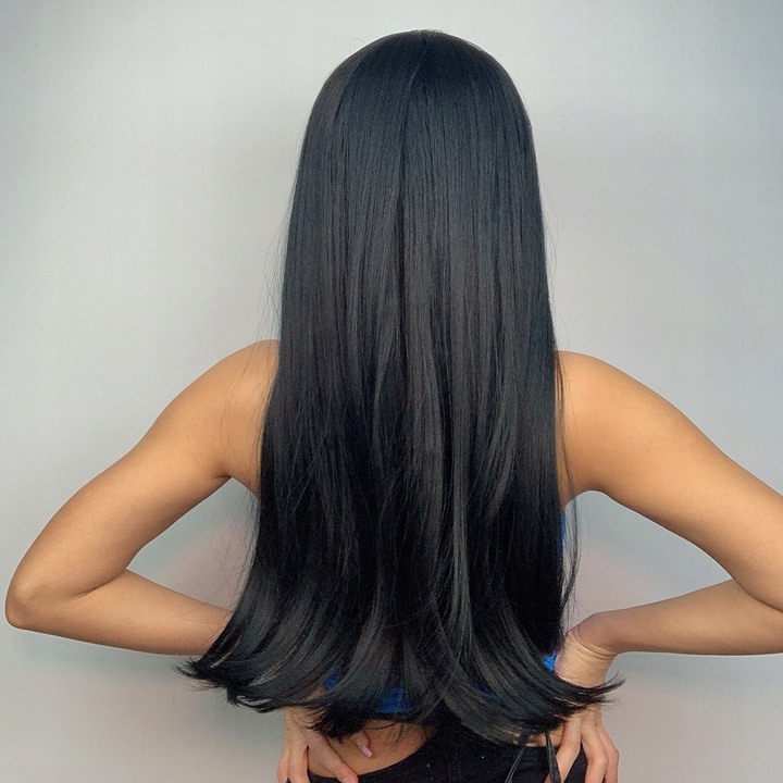 Peruca lunga sintetica neagra Lolita, 70cm, cu breton, set de pastrare inclus