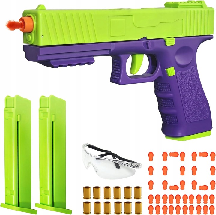 Pistol de jucarie mecanic, 10m, portocaliu, 21x2x14cm, set cu 1 pistol, 2 incarcatoare, 20 bile