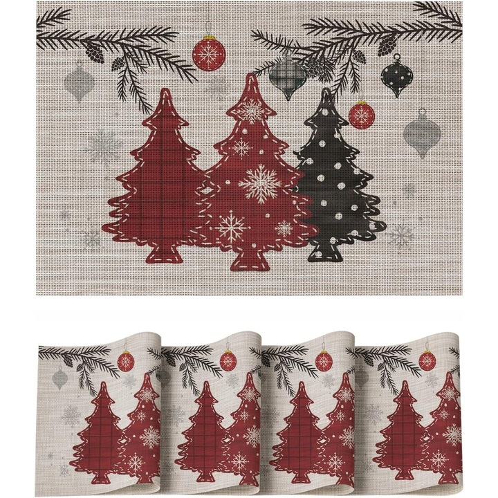 Set 4 suporturi de masa rectangulare, rosii, 30x45cm, din PVC, rezistente la temperaturi, pentru Craciun