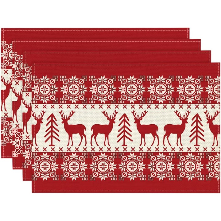 Set 4 servete festive cu reni, bicolor alb-rosu, 30x45 cm, lavabile, decorare masa