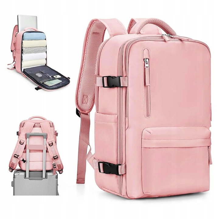 Rucsac calatorie 40x20x25, roz, cu port USB, fara marca