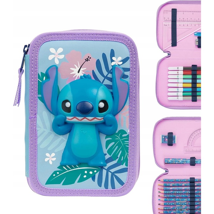 Piornic dublu cu fermoar, pastel-albastru, set cu creioane, markere, 1kg