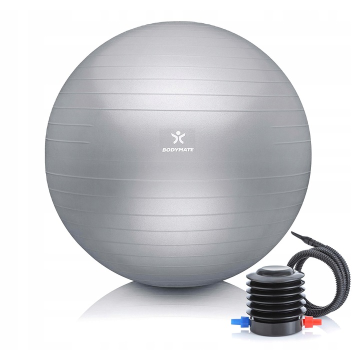BODYMATE fitneszlabda, 65cm, anti-burst rendszerrel, ezüst, pumpával