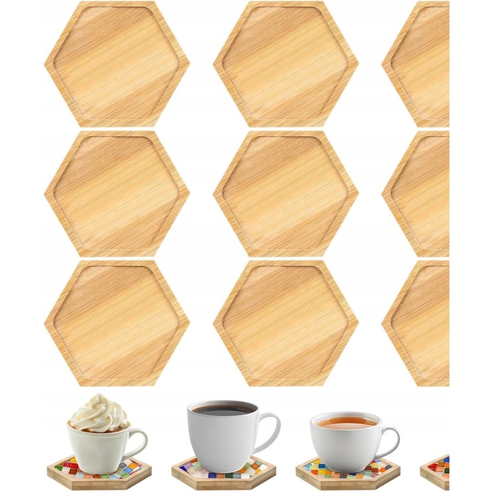 Set 9 suporturi bauturi din bambus 10x10cm, forma hexagonala, stil minimalist, pentru bauturi si proiecte DIY