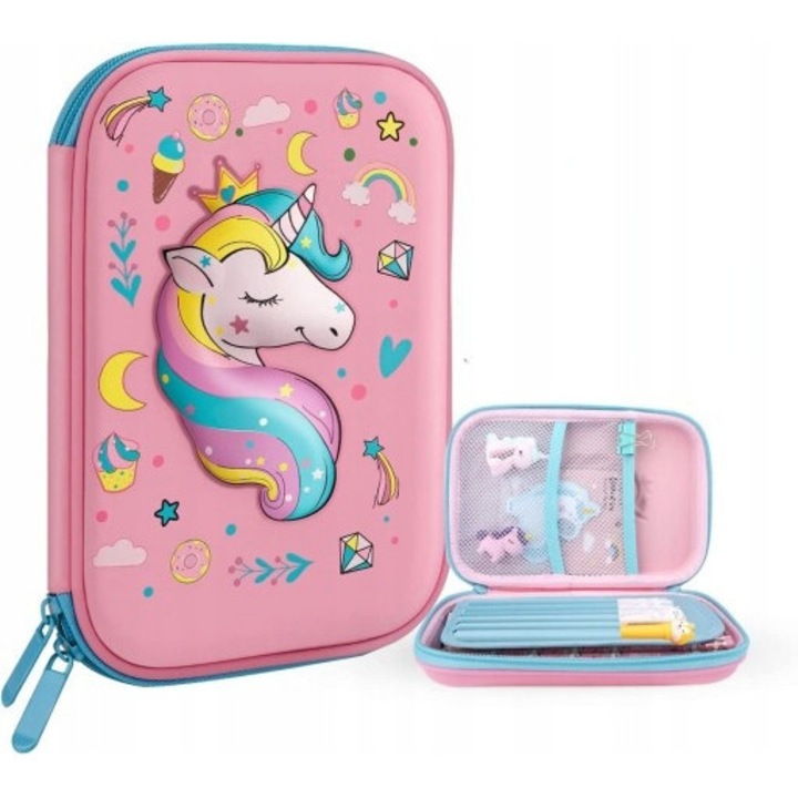 Rózsaszín tolltartó unikornisokkal, Astrabag, 9x21cm