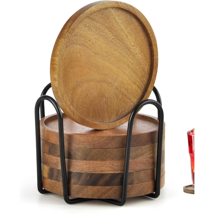 Set 6 suporturi bauturi din lemn de acacia, rotunde, 10,6cm, cu suport metalic