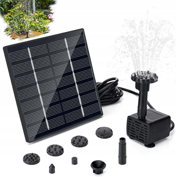 Pompa solara pentru iaz, 1,5W, 6 duze, cablu 3m, neagra