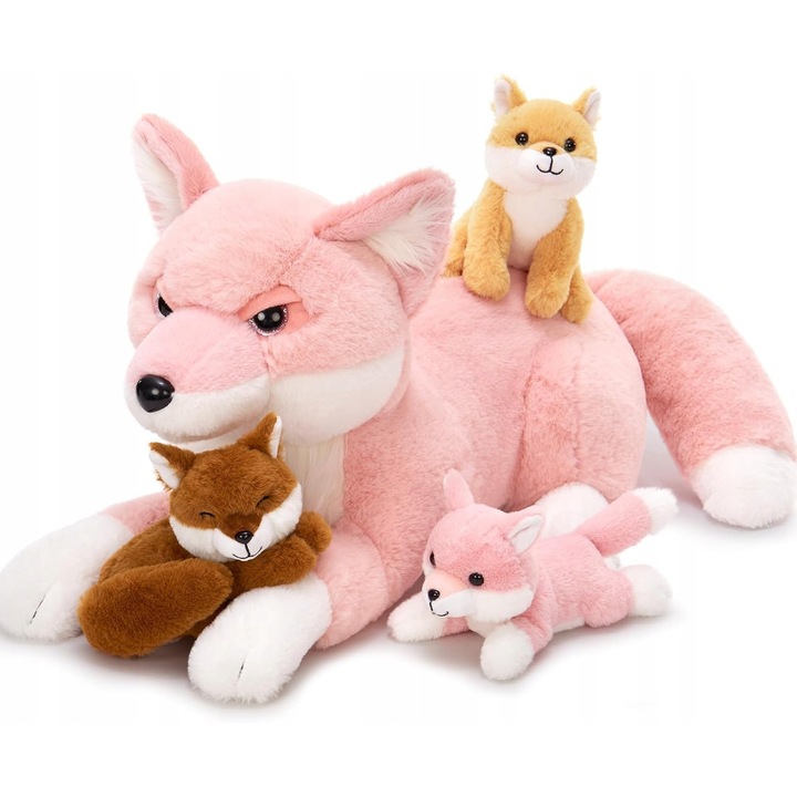 Plusz, set 4 in 1, vulpe cu 3 pui, 55x31x28cm, ruda/bala, jucarie educativa, pentru copii de la 3 ani