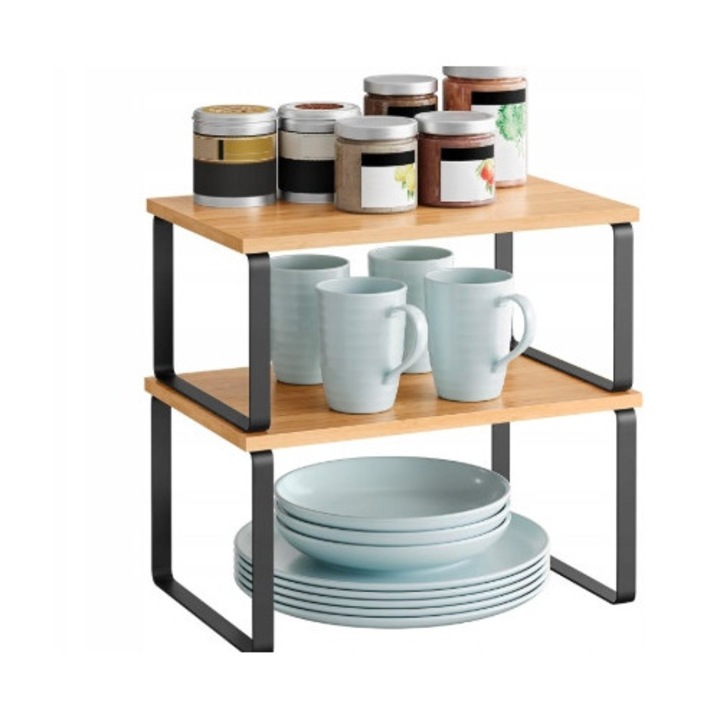 Set 2 rafturi pentru condimente, metal si bambus, negru-natur, 19,5x29,7x15,5cm