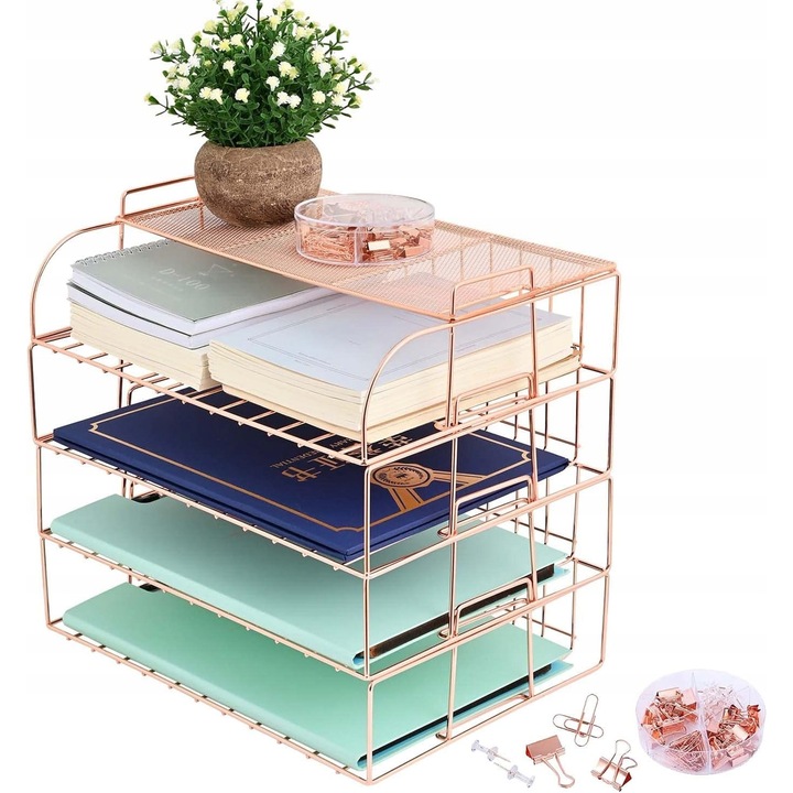 Organizer documente A4, rozie aurie, 4 niveluri, 34,5x24,9x30cm