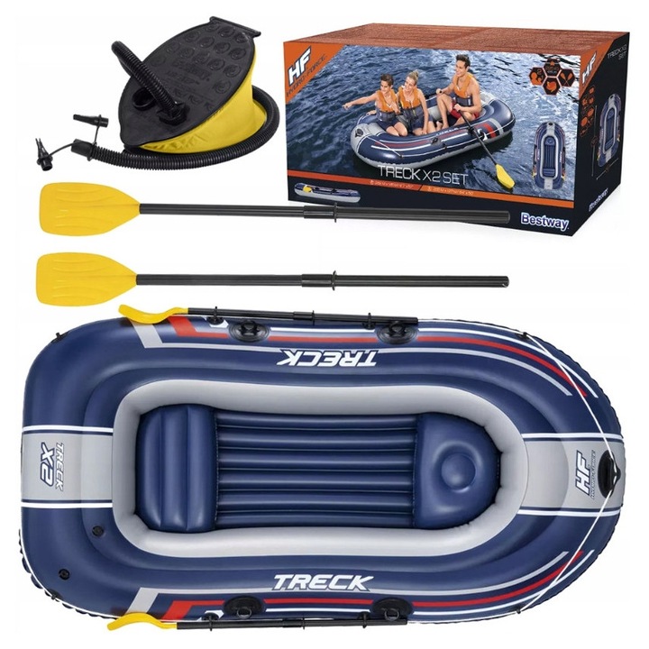 Ponton turistic Bestway Hydro-Force Treck 2, 3 persoane, 255x127cm, albastru, set cu vasle si pompa