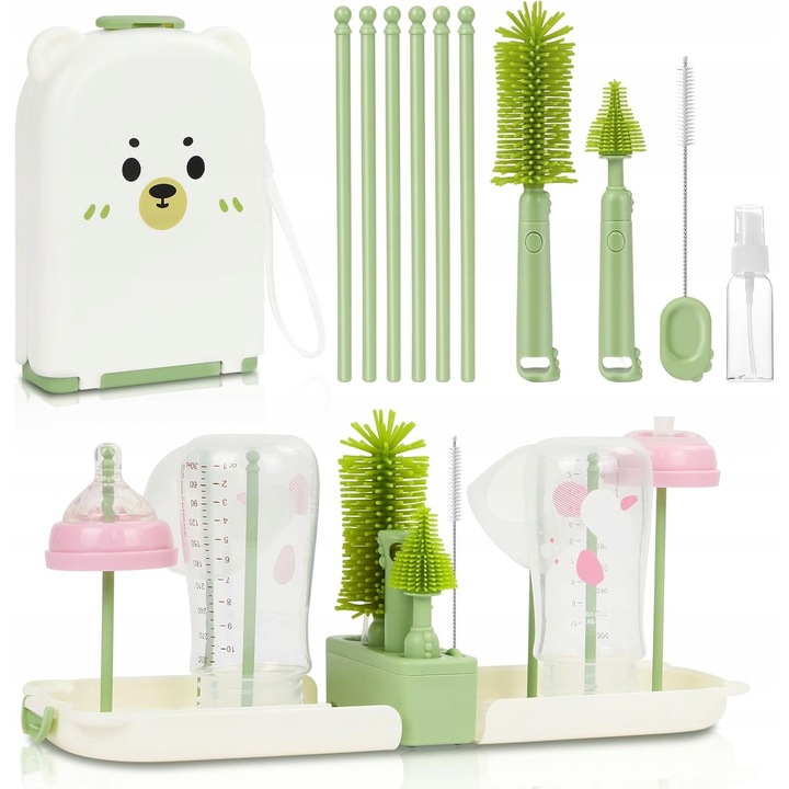 Set de curatare pentru sticle pentru bebelusi 7 in 1, verde, compact, cu suport de uscare