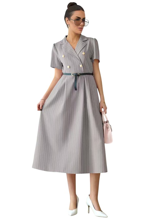Rochie office cu dungi, Mireya, revere si curea, Gri, Marime universala S/M, FashionForYou