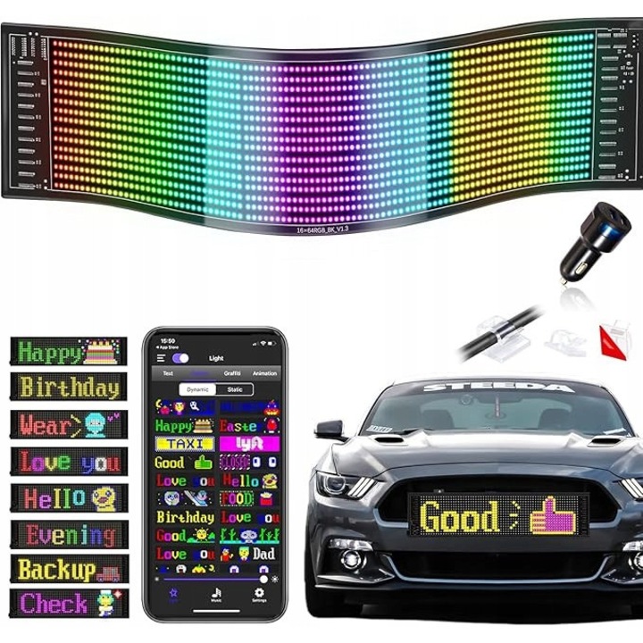 Tabla LED programabila 37x9,2cm, control Bluetooth, design flexibil, impermeabil IP66, set cu cablu USB 4M