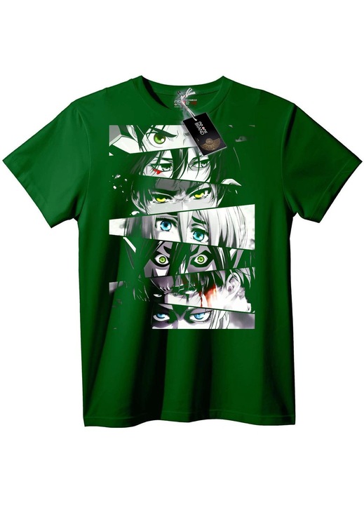 Póló kollázs anime szemekkel, sötétzöld, XXS