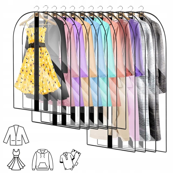Set 12 huse transparente pentru haine, rezistente la apa, cu fermoar, 3 lungimi