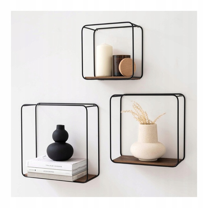 Rafturi, 3 piese, metal si furnir de lemn, stil industrial, nuc, montare pe perete