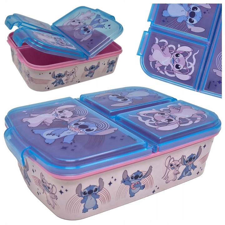 Lilo And Stitch ételtároló doboz, 1400 ml, 3 rekeszes, BPA-mentes, 18x14x7cm