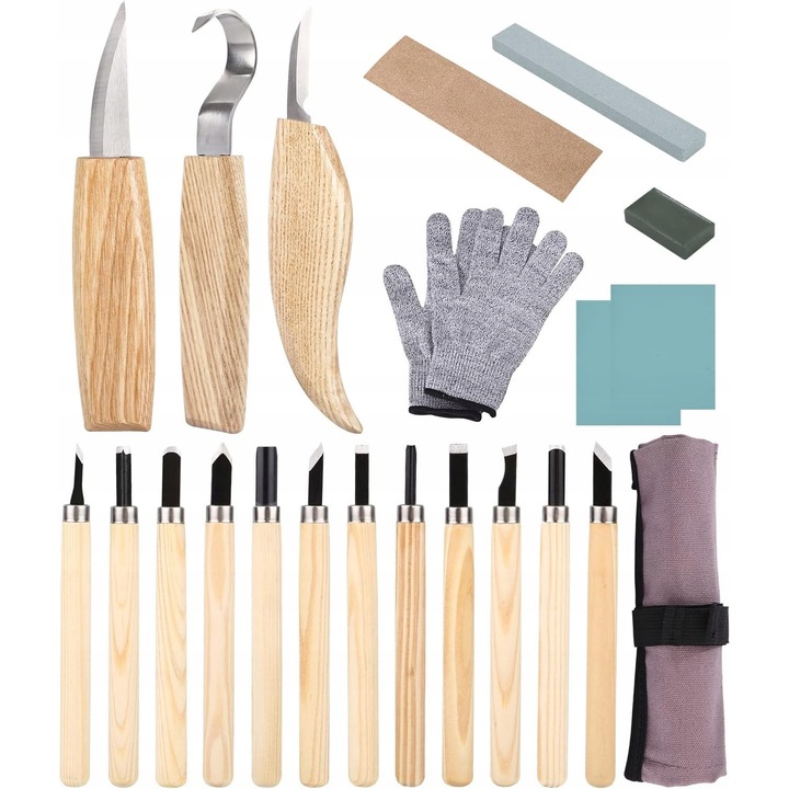 Set de unelte pentru sculptura in lemn 22w1, 12 cutite, husa portabila, ergonomic, multicolor