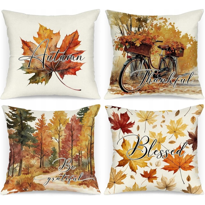 Set 4 fete de perna Benjia, multicolor, 40x40cm, cu motiv artistic de toamna