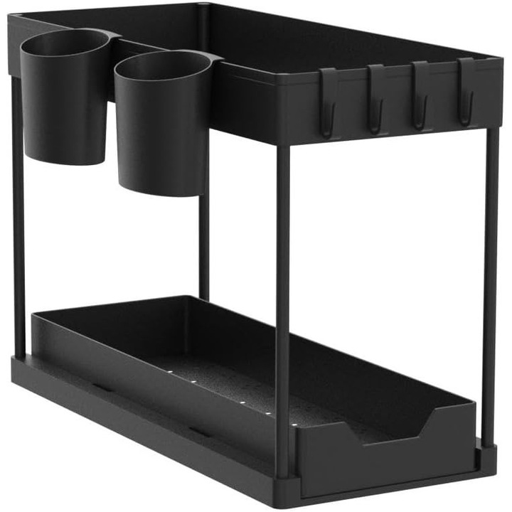 Mosogató alatti rendszerező, 2 szintes, kihúzható polccal, 4 kampóval, 2 pohártartóval, fekete