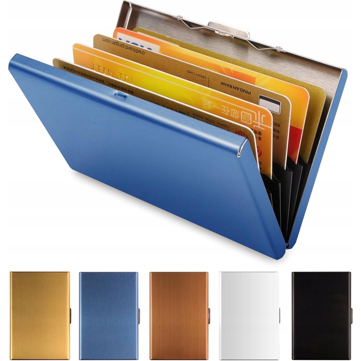 Portofel metalic subtire pentru carduri, 6 compartimente, blocare RFID, albastru