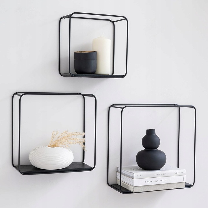 Rafturi, 3 piese, metal si furnir de lemn, stil industrial, negru, montare pe perete