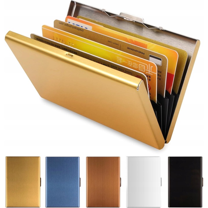 Portofel metalic subtire pentru carduri, 6 compartimente, blocare RFID, auriu, 1,3cm