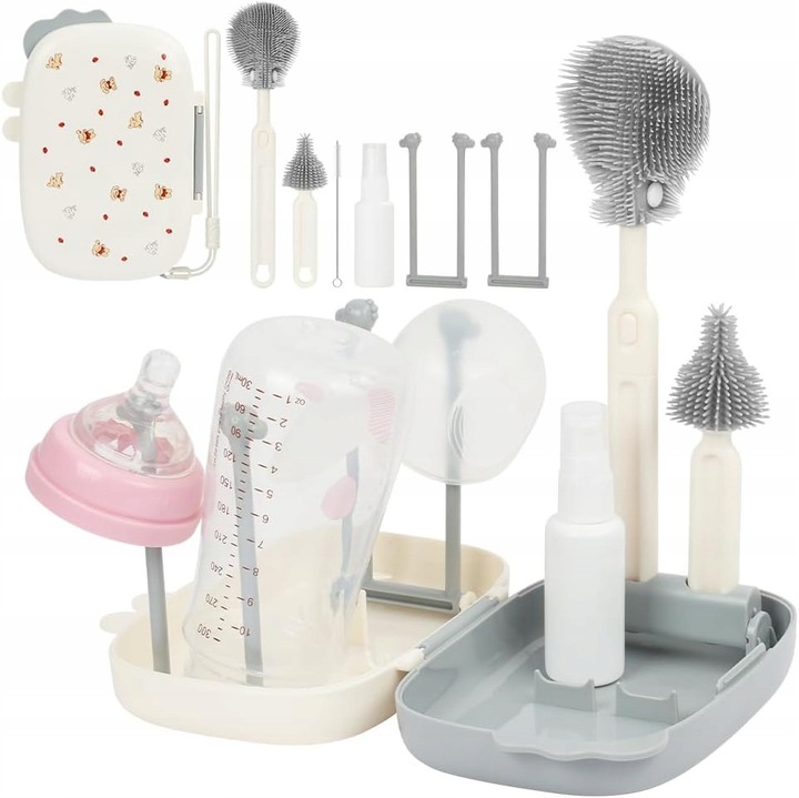 Set de curatare pentru sticle pentru bebelusi 6 in 1, gri, dimensiuni compacte