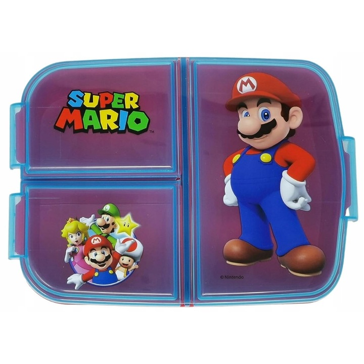 Super Mario ételhordó doboz, 1400 ml, 3 rekeszes, BPA-mentes, 18x14x7cm