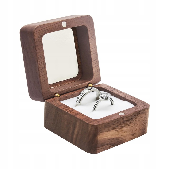Cutie pentru inel din lemn, 5,6x5,6x3,8cm, design vintage, cu pernuta, alba