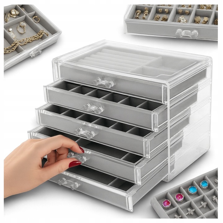 Кутия за бижута, 5 чекмеджета, прозрачна, 23,7x17,5x15см, органайзер за обеци, пръстени, колиета, гривни