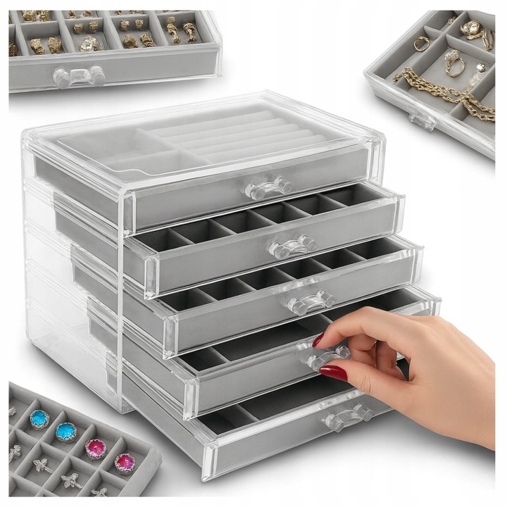 Кутия за бижута, 5 чекмеджета, прозрачна, 23,7x17,5x15см, органайзер за обеци, пръстени, колиета, гривни