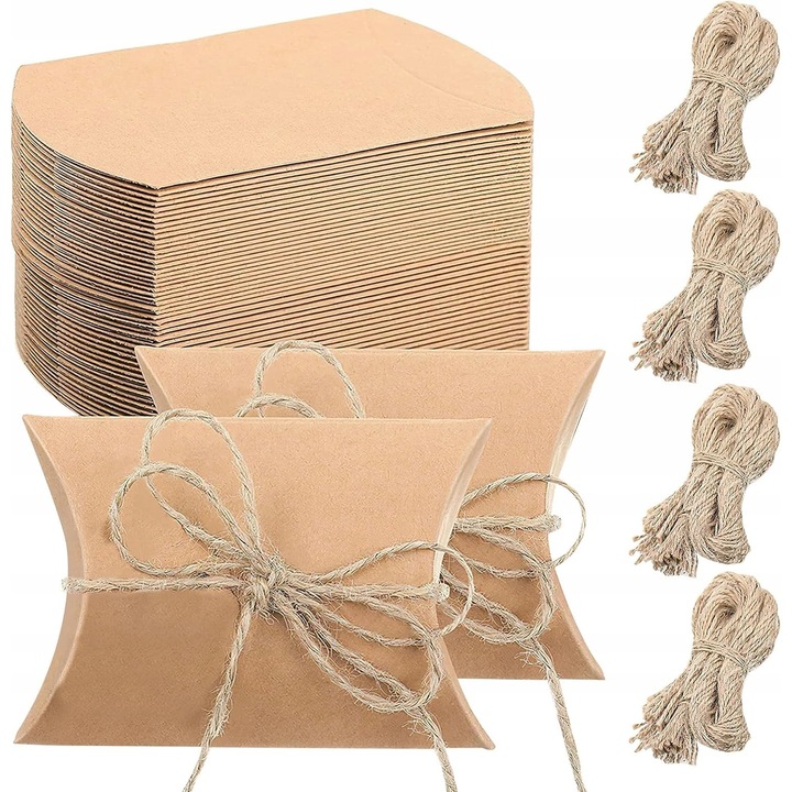 Комплект от 100 подаръчни кутии от крафт хартия, с ютена връв, 6x9см, винтидж стил, за събития