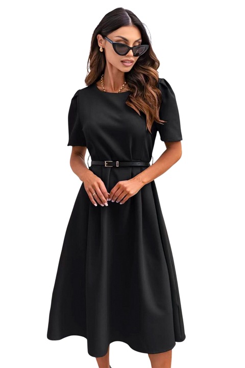 Rochie de zi ZALIA, cu maneca bufanta si curea subtire, Negru, Marime universala S/M, FashionForYou