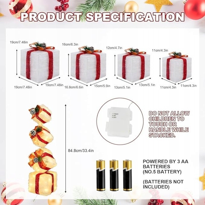 Set 4 cutii cadou LED, 80 Diode, 19x16x13x11cm