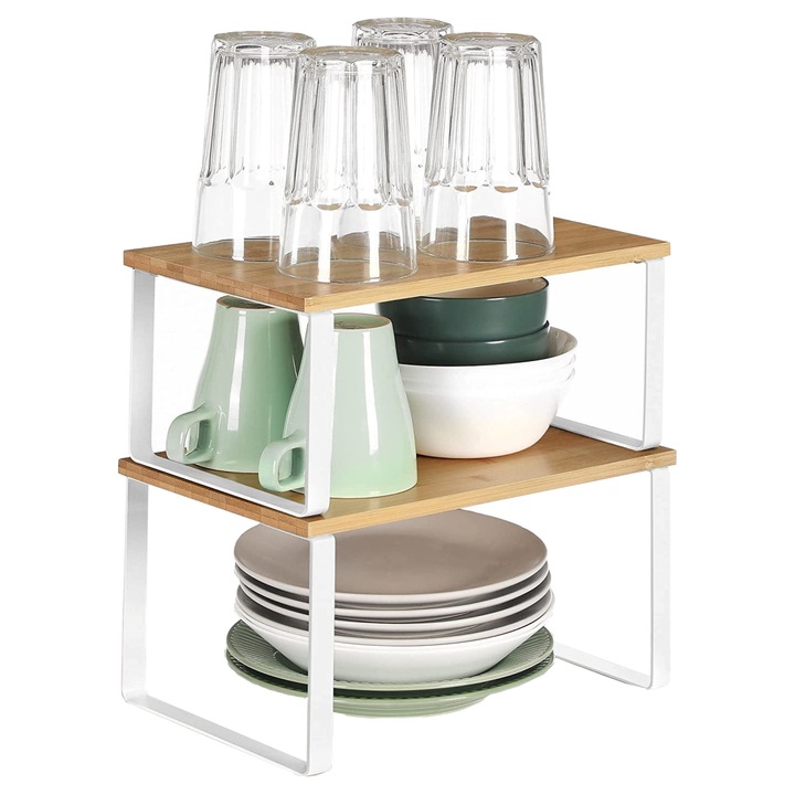 Organizator de bucatarie, Songmics, alb/bambus natural, 29.7x19.5x15.5cm