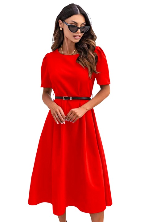Rochie de zi ZALIA, cu maneca bufanta si curea subtire, Rosu, Marime universala S/M, FashionForYou