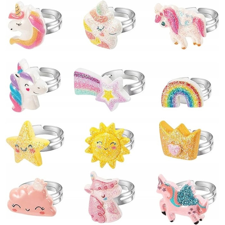 Set 12 inele reglabile pentru fete, culori variate, bijuterii copii