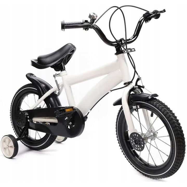 Bicicleta copii 14 inch, alb, cu roti ajutatoare, cadru din otel, pentru inaltimi 100-115 cm