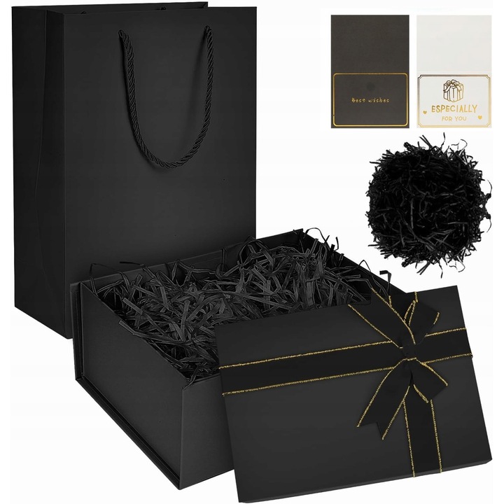 Cutie cadou neagra cu capac, 22,5x16x8,5 cm, cu funda, set