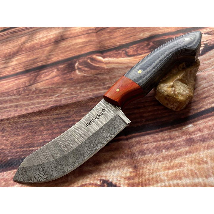 Cutit de vanatoare Perkin, damasc, 20,32cm, 10,16cm, maner Micarta, cu teaca din piele